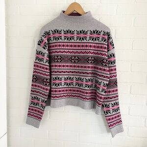 Revolve x Joie Knit Sweater Fair Isle Designer Gray Pink Black High mock neck L